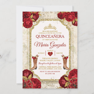 Convite Quinceañera Rosas vermelhas e Dourada Coroa Mexica