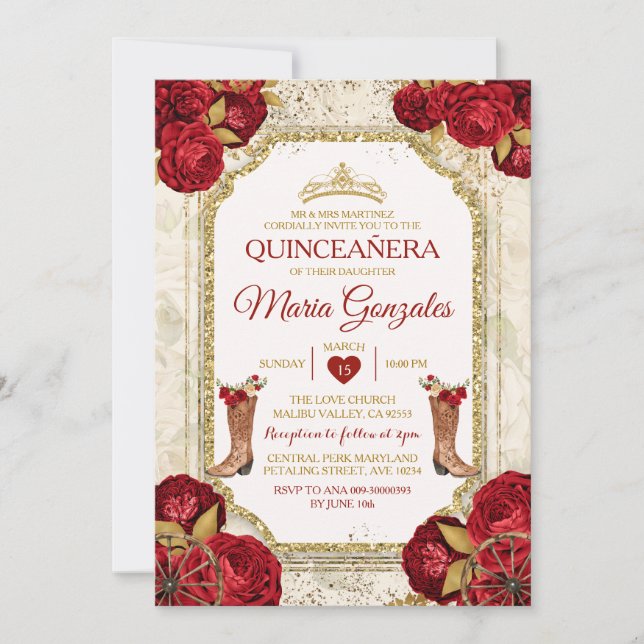 Convite Quinceañera Rosas vermelhas e Dourada Coroa Mexica (Frente)