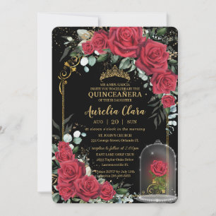 Convite Quinceañera Rosas vermelhas Encantadas Floral Negr