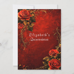 Convite Quinceanera Rosas Vermelhas Filigrama Dourada