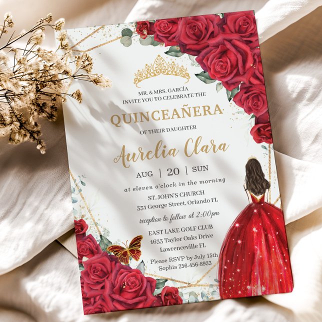 Convite Quinceañera Rosas vermelhas Floral Dourada Princes (Criador carregado)