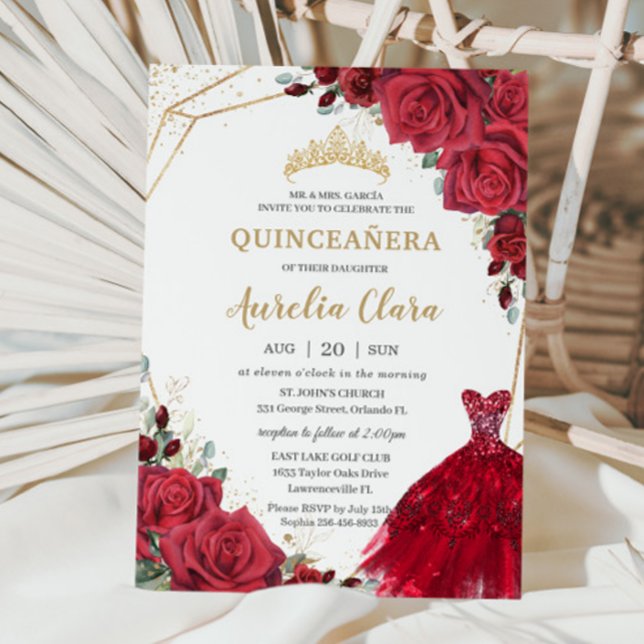 Convite Quinceañera Rosas vermelhas Floral Dourada Princes (Criador carregado)
