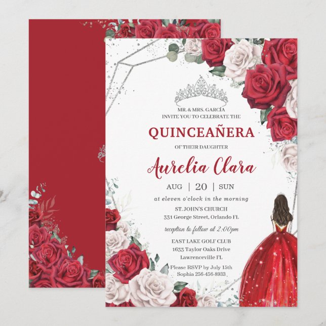 Convite Quinceañera Rosas vermelhas Floral Princesa Pratea (Frente/Verso)