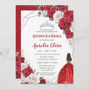 Convite Quinceañera Rosas vermelhas Floral Princesa Pratea