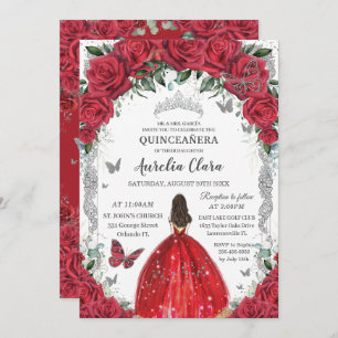 Convite Quinceañera Rosas vermelhas Floral Princesa Vestid
