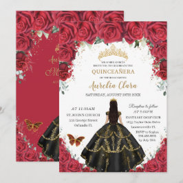 Convite Quinceañera Rosas vermelhas Flores Negras Vestidos
