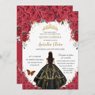 Convite Quinceañera Rosas vermelhas Flores Negras Vestidos