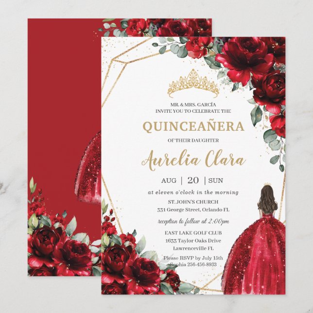 Convite Quinceañera Rosas vermelhas Flores Princesa Floral (Frente/Verso)