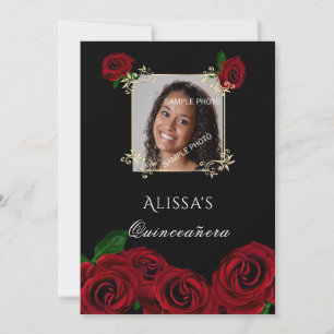 Convite Quinceanera Rosas Vermelhas Moldura Dourada Quince