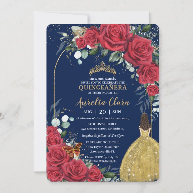 Convite Quinceañera Rosas vermelhas Princesa Amarelo Azul (Frente)