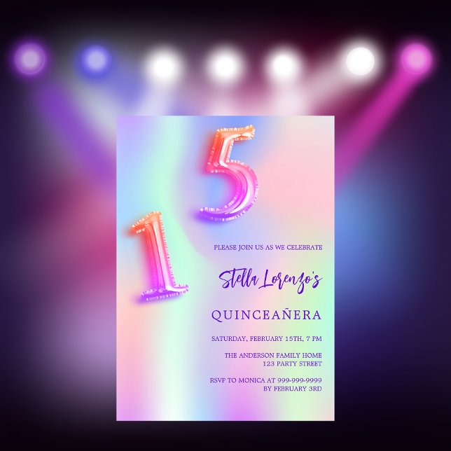 Convite Quinceanera roxa Holográfica (Criador carregado)