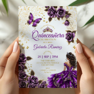 Convite Quinceañera Roxa Tiaras Douradas Rosas Borboletas