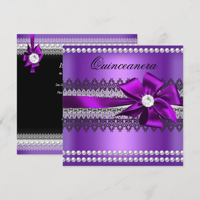 Convite Quinceanera Roxo Arco Preto Pearl Lace Diamond (Frente/Verso)