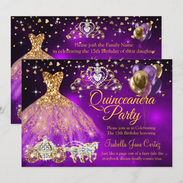 Convite Quinceanera Roxo Balões Vestir Tiara Carruagem (Frente/Verso)