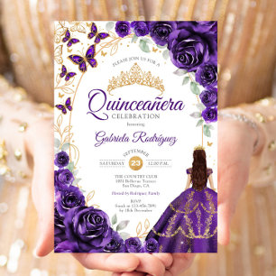 Convite Quinceanera Roxo Dourado Floral