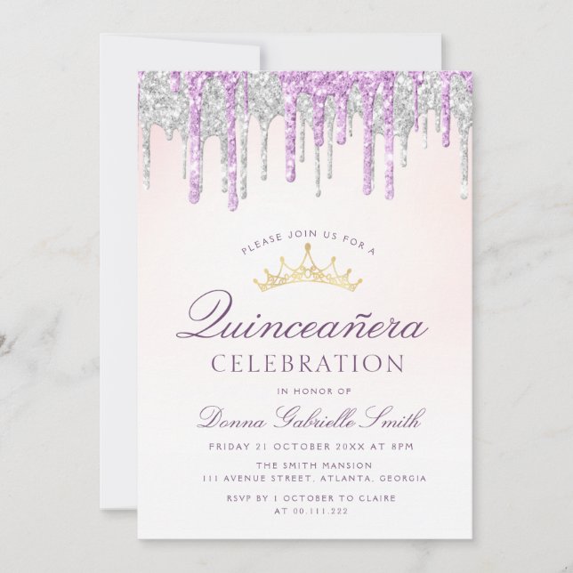 Convite Quinceanera, roxo e brilho prateado (Frente)
