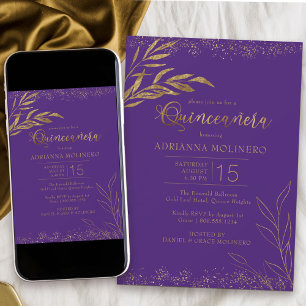 Convite Quinceanera Roxo e Folha Dourada Aniversário Elega