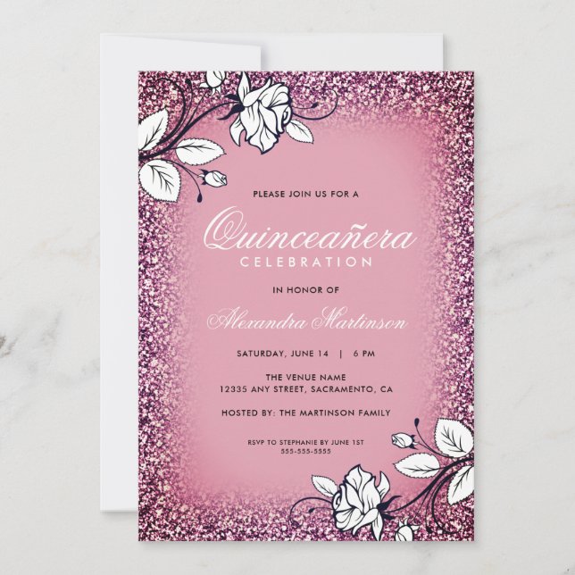 Convite Quinceanera Roxo e Rosas Brancas com Brilho (Frente)