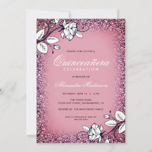 Convite Quinceanera Roxo e Rosas Brancas Luminosas