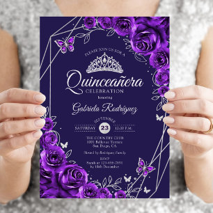 Convite Quinceanera Roxo Floral Prata
