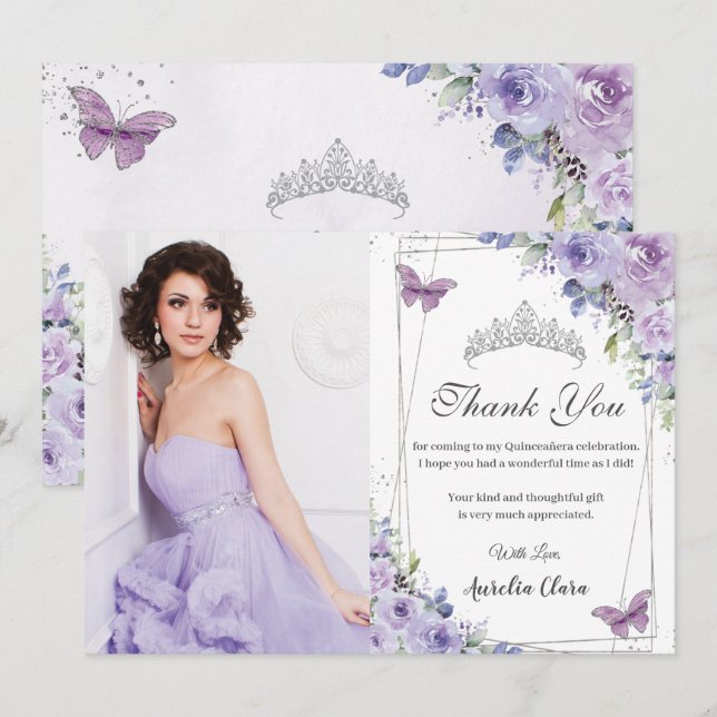 Convite Quinceañera Roxo Flores Borboletas 16 Obrigada (Frente/Verso)