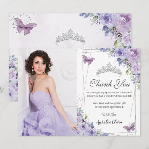 Convite Quinceañera Roxo Flores Borboletas 16 Obrigada