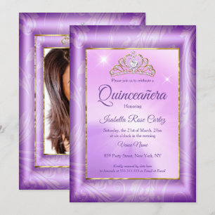 Convite Quinceanera Roxo foto Tiara dourada festa