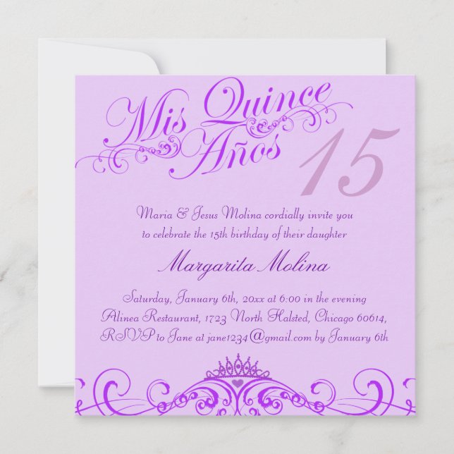 Convite Quinceanera Roxo Princesa Tiara (Frente)
