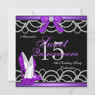 Convite Quinceanera Roxo Sweet 15 Festa Glitter Preto