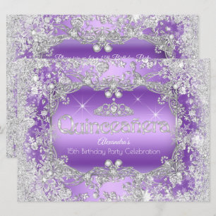 Convite Quinceanera Roxo Tiara de Prata Inverno Encantado