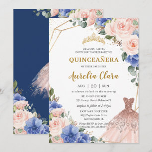 Convite Quinceañera Royal Blue Blush Floral Ball Gown 