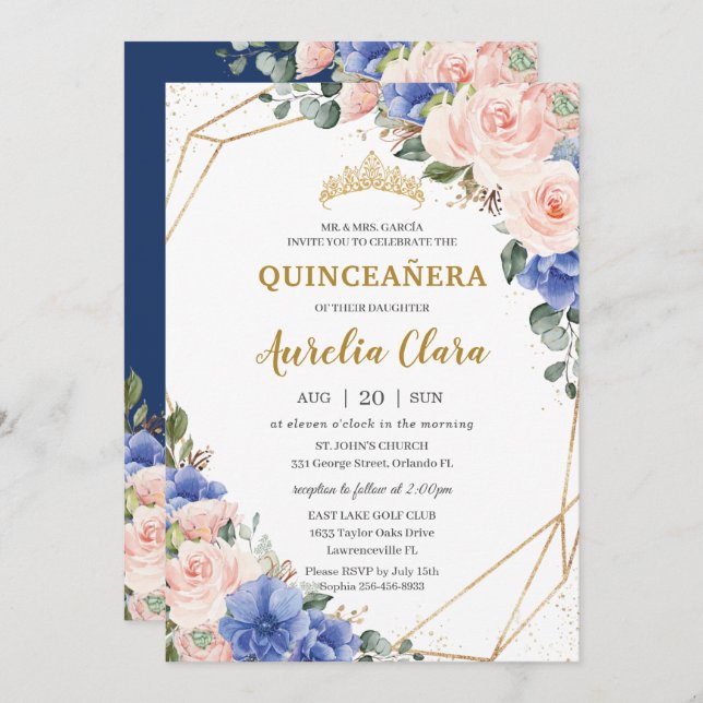 Convite Quinceañera Royal Blue Blush Floral Dourada Tiara (Frente/Verso)