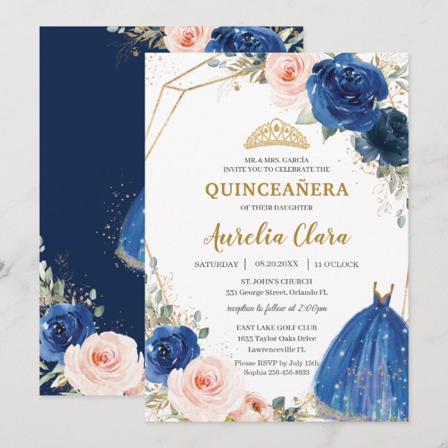 Convite Quinceañera Royal Blue Blush Floral Rosa Ball Gown (Frente/Verso)