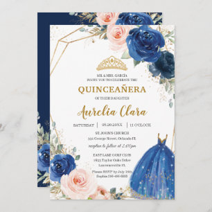 Convite Quinceañera Royal Blue Blush Floral Rosa Ball Gown
