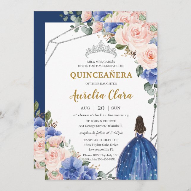 Convite Quinceañera Royal Blue Blush Floral Silver Tiara (Frente/Verso)