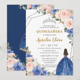 Convite Quinceañera Royal Blue Blush Floral Silver Tiara