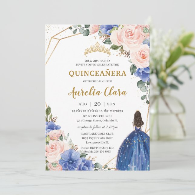 Convite Quinceañera Royal Blue Blush Princesa Dourada Flor (Em pé/Frente)