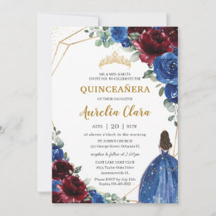 Convite Quinceañera Royal Blue Burgundy Princesa Floral