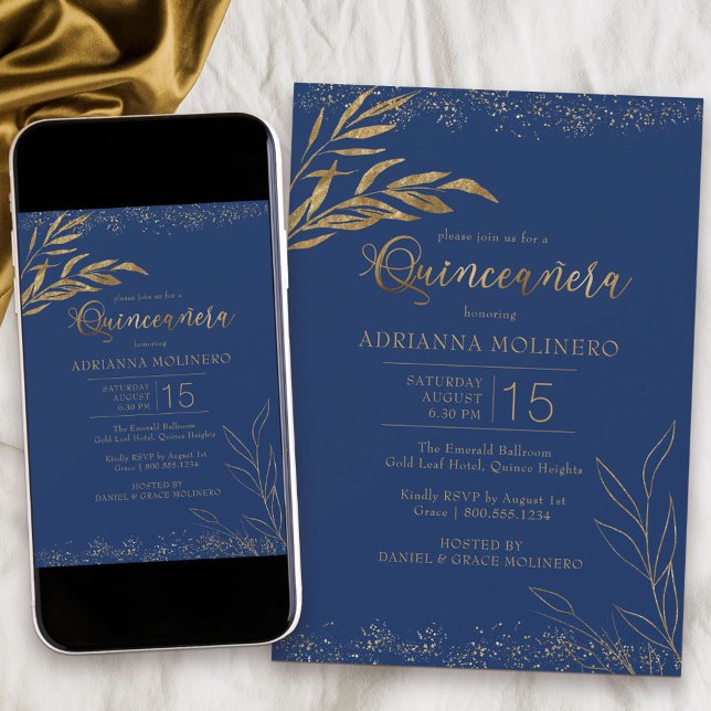 Convite Quinceanera Royal Blue e Dourado Folha Elegante (Modern Quinceanera invitation in blue from my Gold Leaf Collection
)