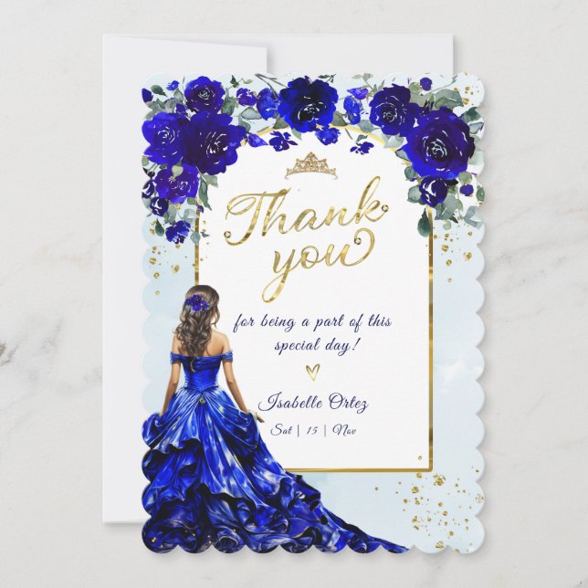 Convite Quinceañera Royal Blue e Dourado Obrigado (Frente)