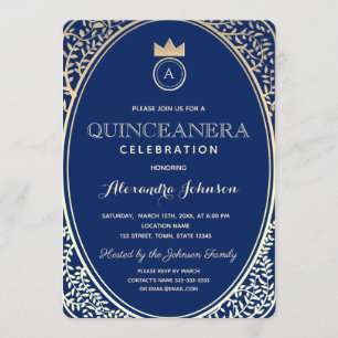 Convite Quinceanera Royal Blue e Princesa Dourada Monogram
