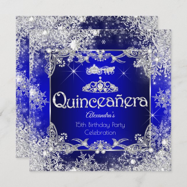 Convite Quinceanera Royal Blue Fairytale Winter Wonderland (Frente/Verso)