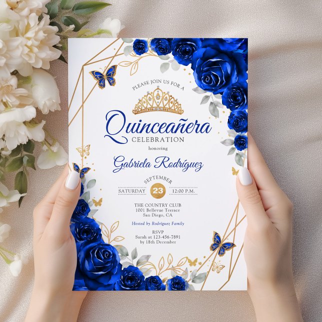 Convite Quinceanera Royal Blue Floral (Criador carregado)