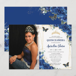 Convite Quinceañera Royal Blue Floral Butterflies Anivers