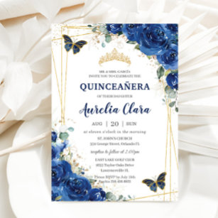Convite Quinceañera Royal Blue Floral Butterflies Aniversá