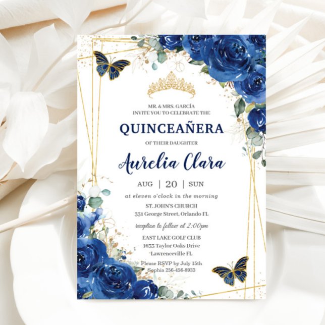 Convite Quinceañera Royal Blue Floral Butterflies Aniversá (Criador carregado)