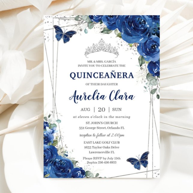 Convite Quinceañera Royal Blue Floral Butterflies Aniversá (Criador carregado)