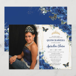 Convite Quinceañera Royal Blue Floral Butterflies Aniversá