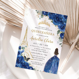 Convite Quinceañera Royal Blue Floral Paris Eiffel Dourado