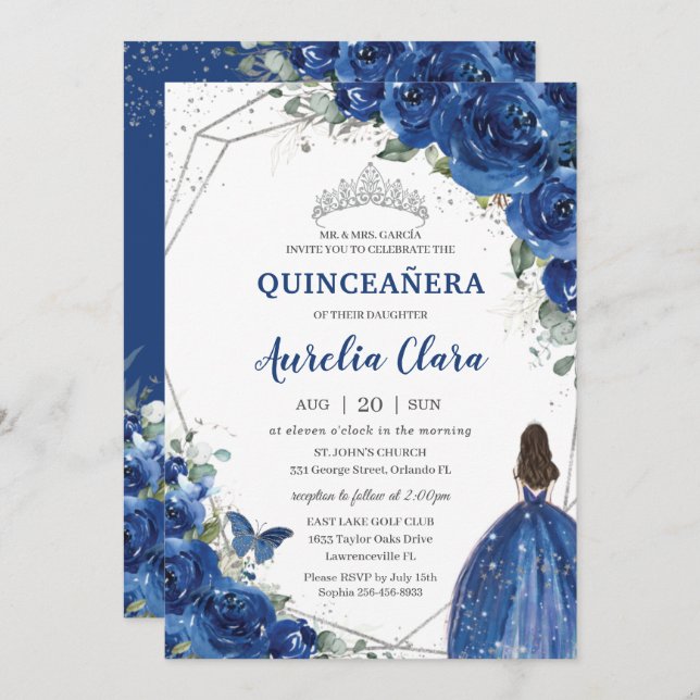 Convite Quinceañera Royal Blue Floral Princesa Aniversário (Frente/Verso)
